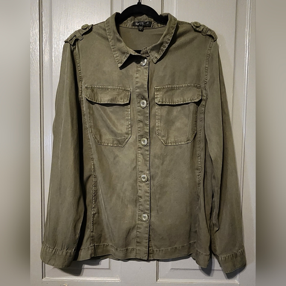 Vintage Military Style Button Up Blouse By Velvet Heart, Distressed Green, Large